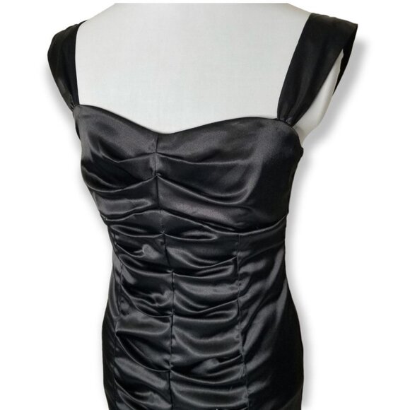 Vintage Ruby Rox Black Satin Bodycon Mini Dress With Ruched Center Goth Witch - Picture 3 of 10